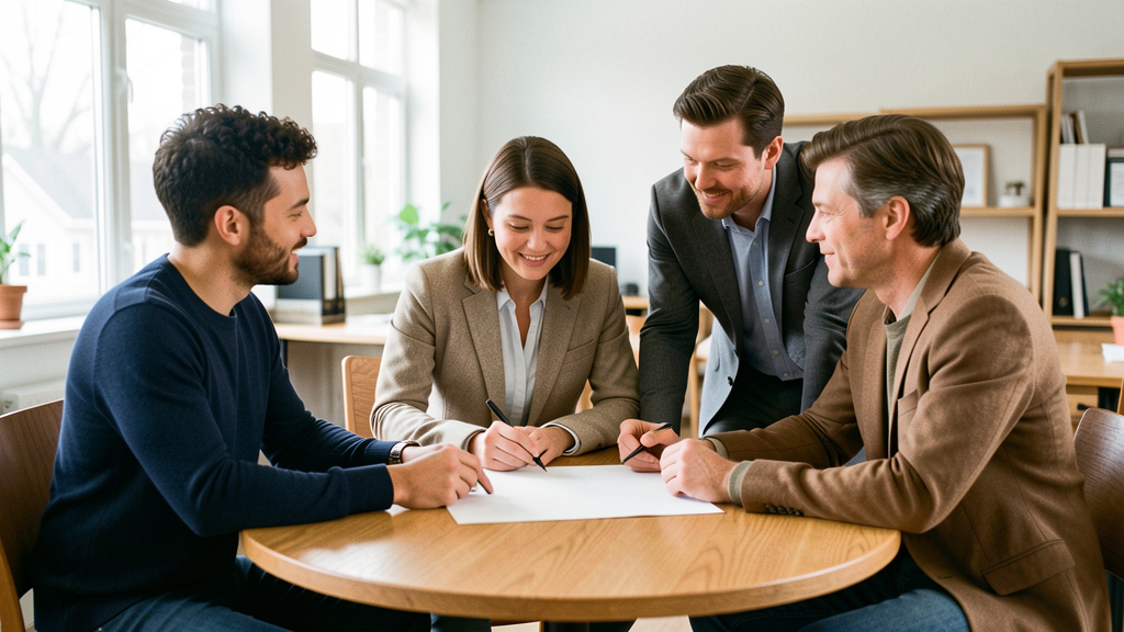 Four professionals collaborating around a table in a modern office setting